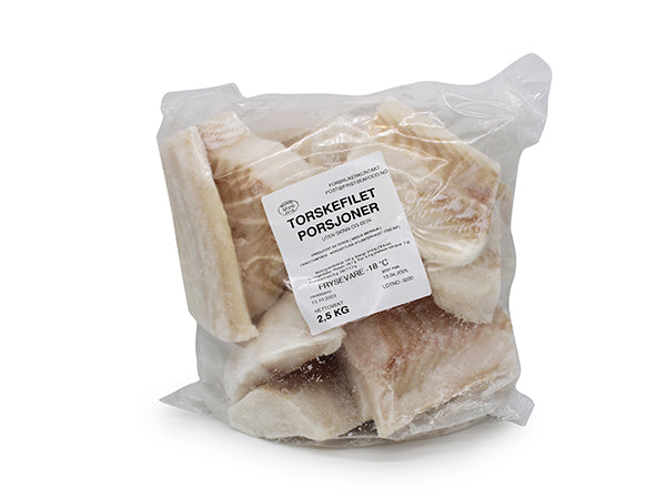 Premium Torsk porsjoner sjøfryst, 2,5 kg uten skinn og bein, IQF Frys, Produktnummer: 751825
