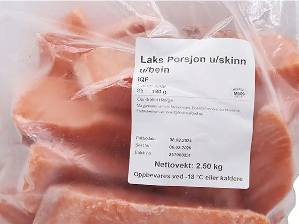 Premium Laksefilet porsjon u/skinn u/bein 180gr 2,5kg, Produktnummer: 751885