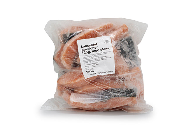 Premium Laksefilet porsjon 125g m/skinn u/bein, IQF, 2x2,5kg, 5kg eske. Produktnummer: 71823